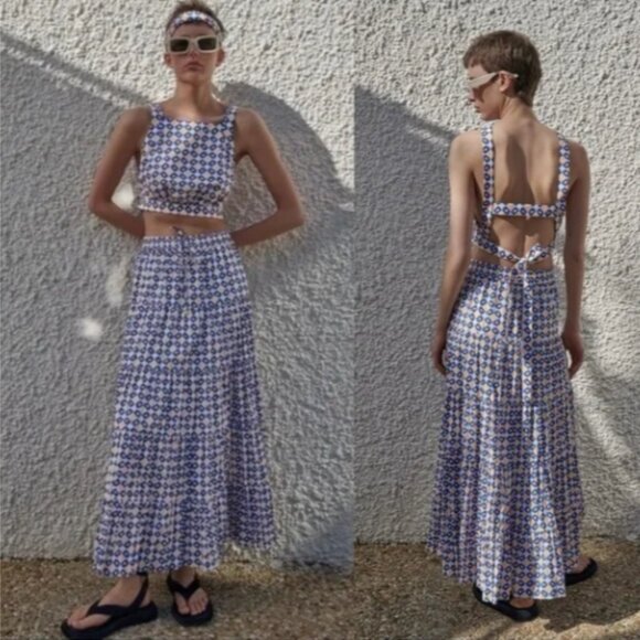 Zara Geometric Print Tiered Maxi Skirt Set Small Blogger Favorite Summer - Picture 2 of 11